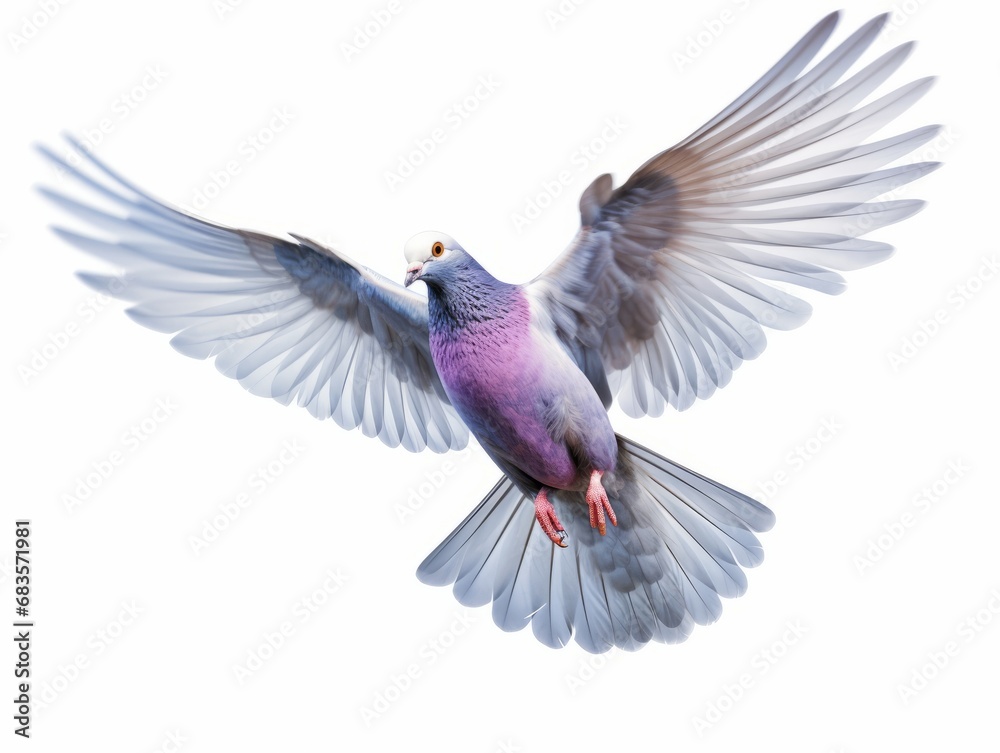 Fototapeta premium Stunning Mid-Flight Shot of a Majestic Pigeon Against a Pure White Backdrop Generative AI