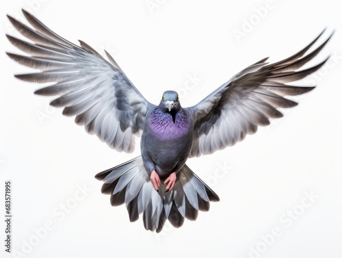 Spectacular Solitary Pigeon: Capturing Graceful Flight Against Pristine White Generative AI