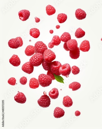 Unveiling the Sensual Beauty: Raspberries Cascading Against a Pristine White Canvas Generative AI