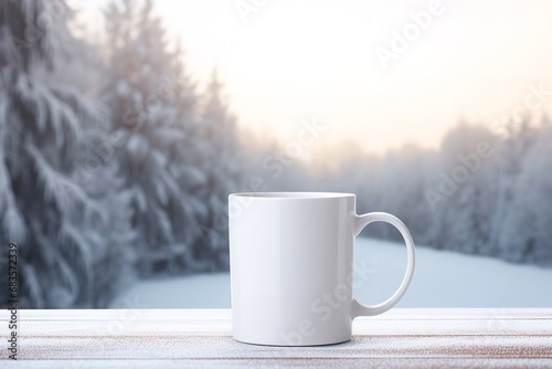 empty blank mug cup mockup on winter snow background
