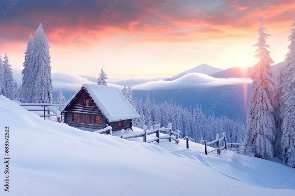 house in the snow winter mountains background beautiful landscape