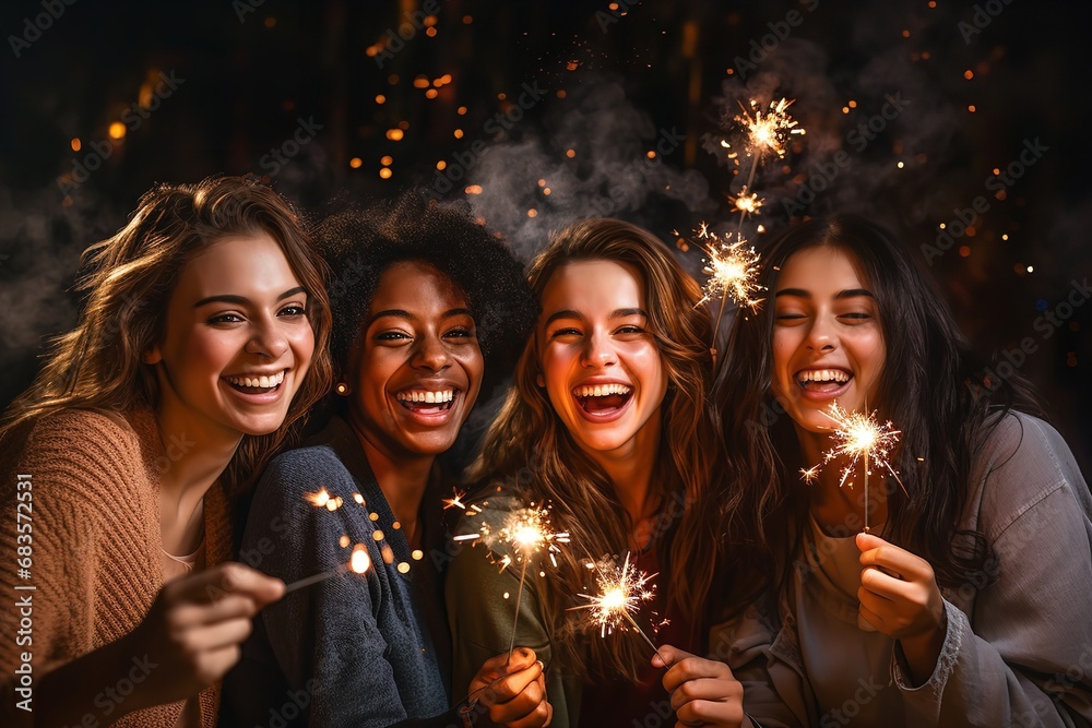 group of people celebrating new year party with candles fireworks group of people celebrating new year party with candles fireworks