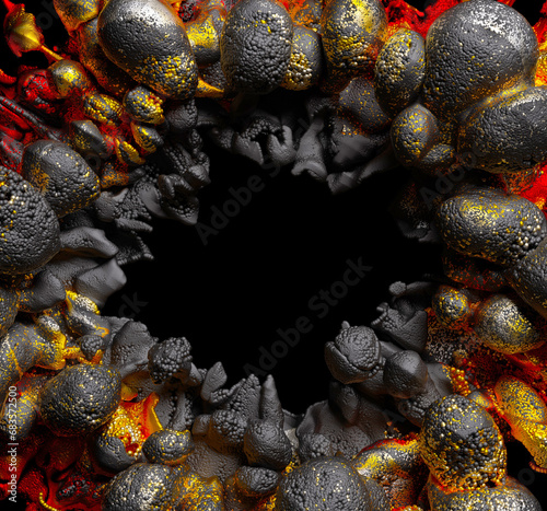Fototapeta Naklejka Na Ścianę i Meble -  3d render of abstract art with part of surreal blossom alien flower or round explosive smoke structure based on small balls spheres sand particles in yellow gold red black color with black hole