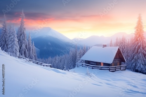 house in the snow winter mountains background beautiful landscape