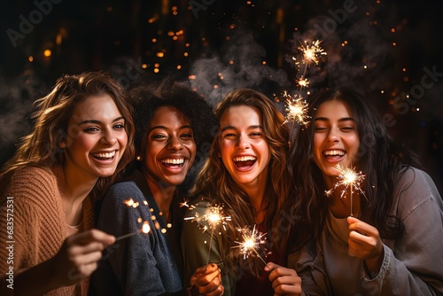 group of people celebrating new year party with candles fireworks