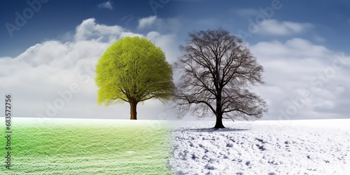 tree in the field mix between snow and green grass