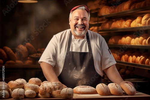 Bakery worker with a diverse selection of freshly baked bread and buns in a warm, inviting bakery. A fat, kind, smiling middle-aged man baker in apron.