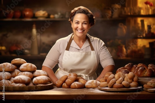 Baker woman showcasing a variety of freshly baked bread and buns in a rustic kitchen setting. Fat, kind, smiling middle-aged lady in a white apron. Concept of small industries and healthy food