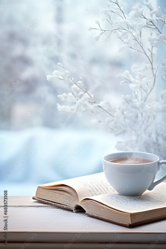 cup of hot coffee on table in a cozy ambient with a snow winter background