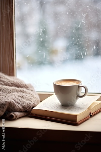 cup of hot coffee on table in a cozy ambient with a snow winter background