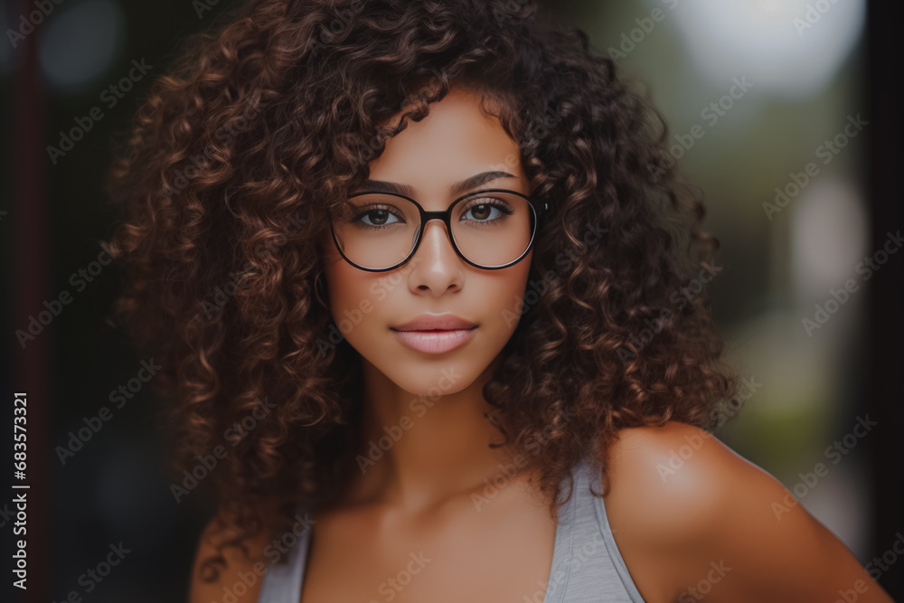 Portrait of a young woman with curly hair and glasses, with a soft-focused background.