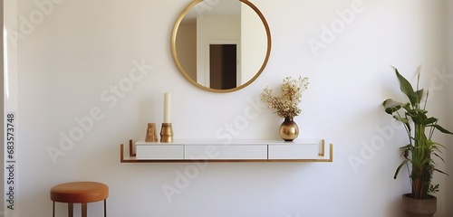Design a minimalist entryway with a statement mirror and minimalist console table. Take a shot from the entry door's perspective.