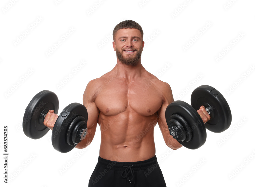 Young bodybuilder exercising with dumbbells on white background Young bodybuilder exercising with dumbbells on white background
