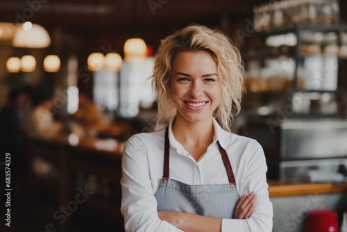 Fototapeta Naklejka Na Ścianę i Meble -  Confident female chef with a warm smile, standing in a bustling restaurant kitchen wearing a white shirt and apron.