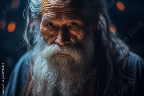 Portrait of an aged man with a long white beard and wise eyes, evoking a sense of ancient wisdom and timelessness.