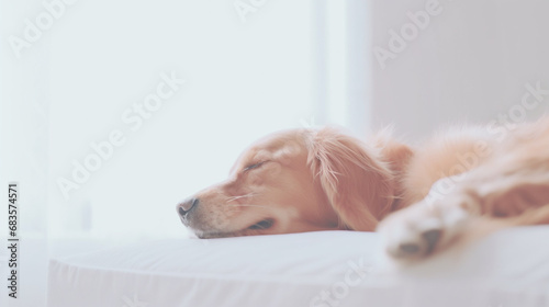 Golden retriever endormi sur un lit. Ambiance épurée, blanc. Animal domestique, chien, chiot, mignon. Arrière-plan pour conception et création graphique.