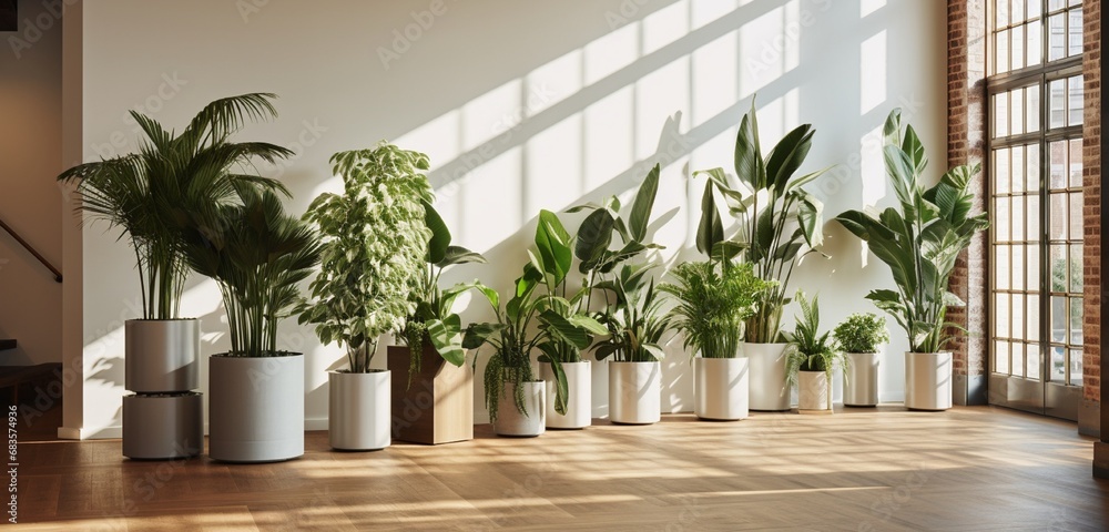 Add indoor greenery to a modern space with tall potted plants. Take a shot from a side angle to showcase the greenery against clean lines.