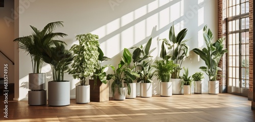 Add indoor greenery to a modern space with tall potted plants. Take a shot from a side angle to showcase the greenery against clean lines.