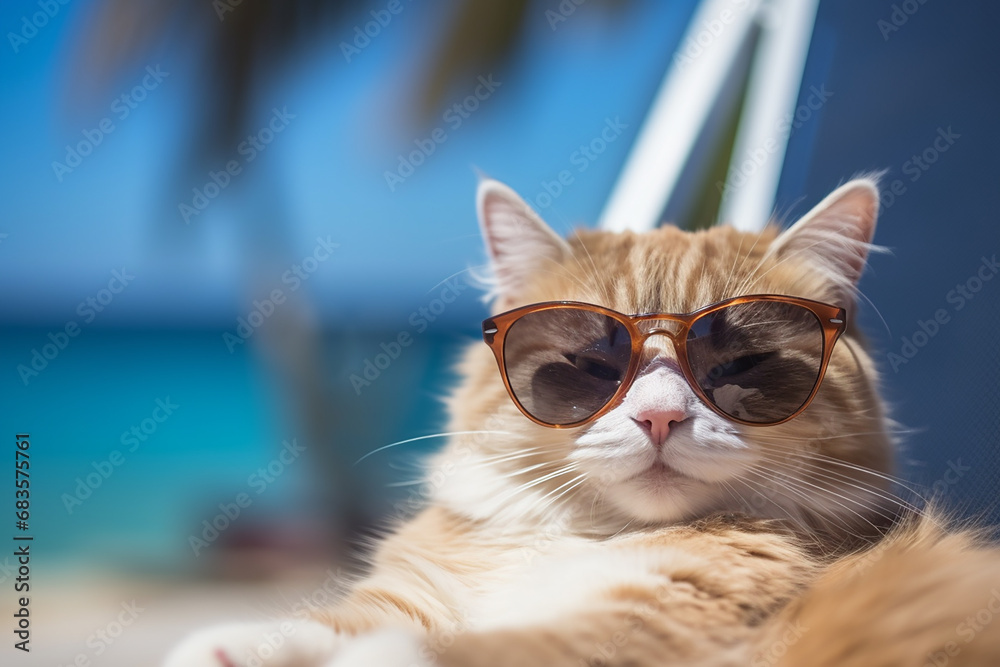 Cool Cat Wearing Sunglasses Relaxing on Deckchair with Blur Sea Background - Created with Generative AI Tools