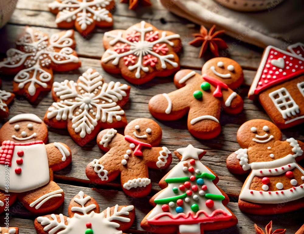Assorted gingerbread cookies with colorful icing, set on a wooden table adorned with holiday decorations