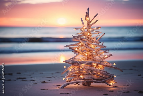 ToolsDriftwood Christmas Tree Decorated with Blur Fairy Lights on the Beach in Summer Sunrise - Coastal Holiday Scene Created with Generative AI Tools