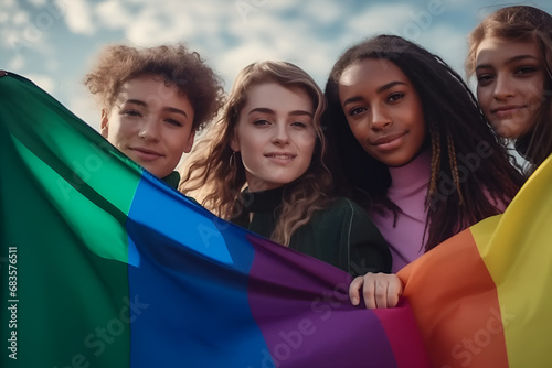 Diverse group of young lgbtq+ people together holding a pride rainbow flag
