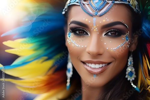Portrait of a beautiful woman wearing a colorful traditional brazilian carnival costume with feathers. Brazilian Carnival