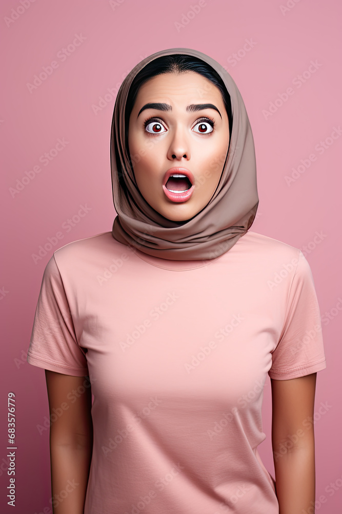 Portrait of a beautiful arab woman wearing hijab with a surprised expression Portrait of a beautiful arab woman wearing hijab with a surprised expression