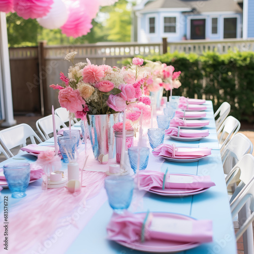 Table setting for a Gender reveal, Gender reveal, Party