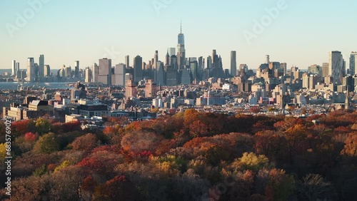 Aerial view of The New York City skyline on an autumn afternoon.