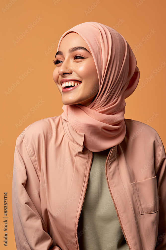 Fototapeta premium Portrait of a beautiful arab woman smiling, wearing hijab