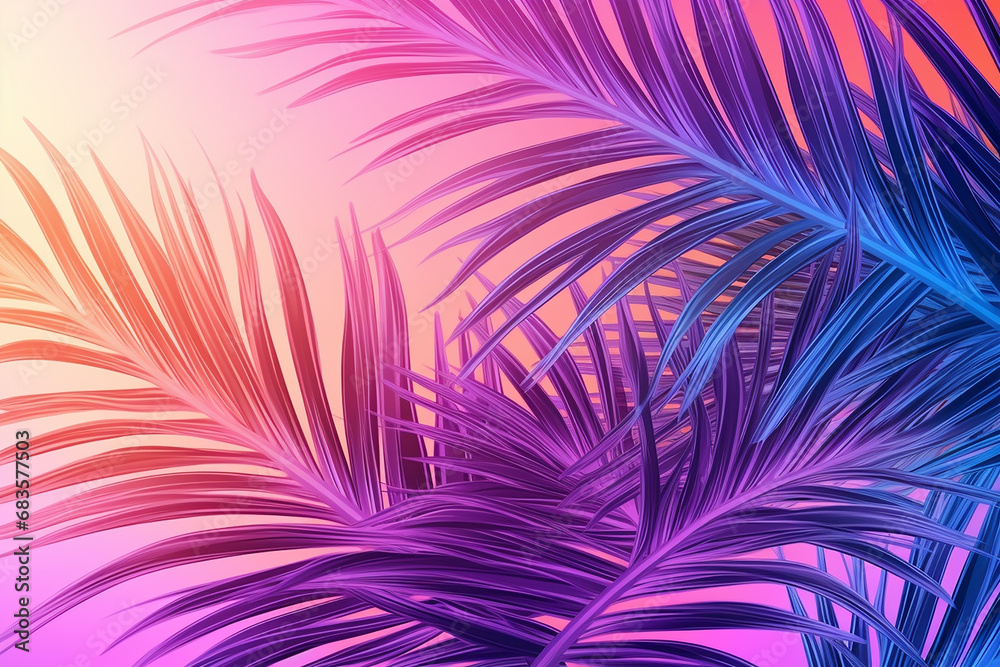Tropical Palm Leaves in Vibrant Bold Gradient Holographic Colors - Exotic Foliage Paradise - Stock Photo Created with Generative AI Tools
