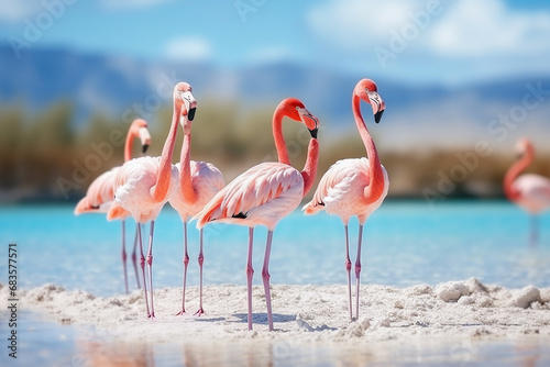 Sunny Day Stroll: Group of Pink African Flamingos Walking Around the Blue Lagoon - Created with Generative AI Tools
