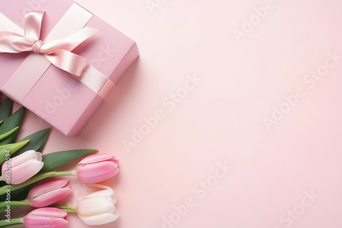 Trendy Gift Boxes with Ribbon Bows, Tulips, and Generative AI Tools © ThePixelCraft