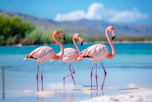 Sunny Day Stroll  Group of Pink African Flamingos Walking Around the Blue Lagoon - Created with Generative AI Tools