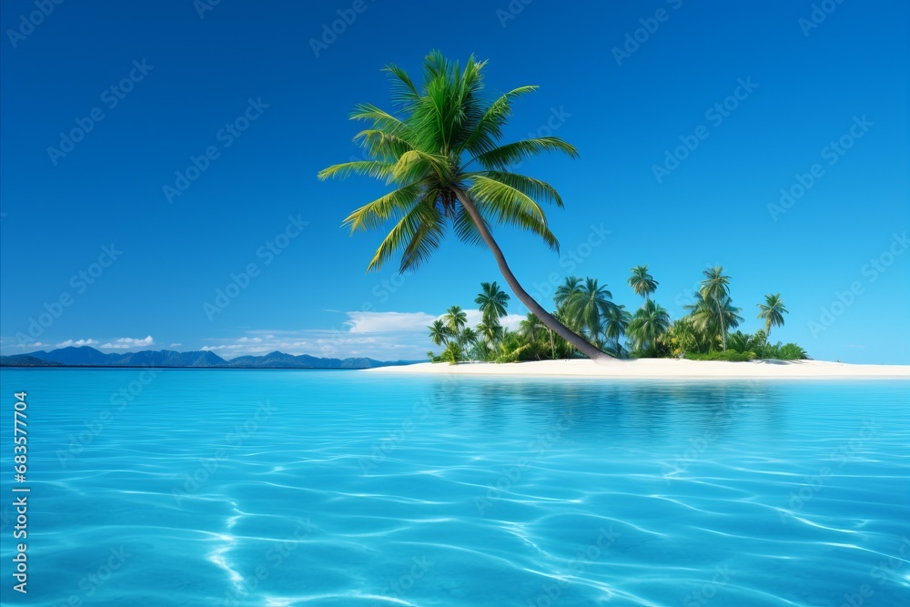 A landscape with a lush green palm tree standing tall against a backdrop of clear blue skies