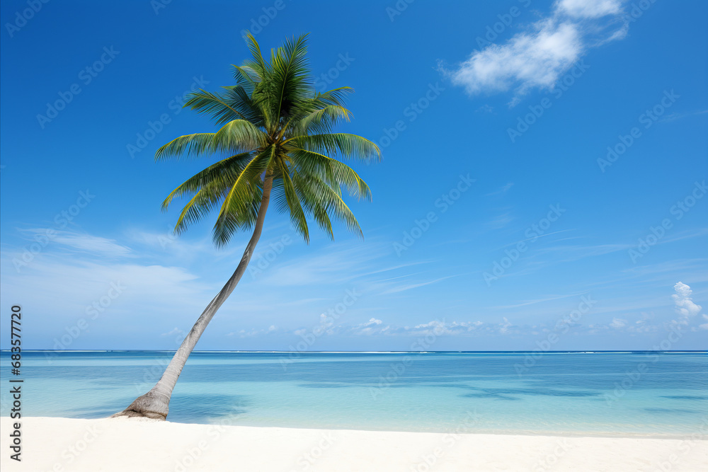 Serene Tropical Paradise. Lush Green Palm Tree, Ideal for Unwinding in the Exotic Tropics