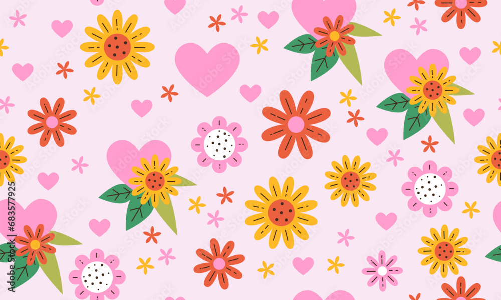 Seamless romantic spring vibe pattern with hearts and leaves. Beautiful seamless pattern with hearts, flowers and leaves. Cute print for Valentines day. Seamless pattern with creative decorative art