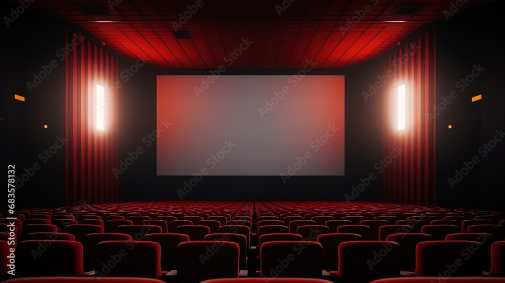 Empty red cinema hall layout with a blank white screen, void of any audience
