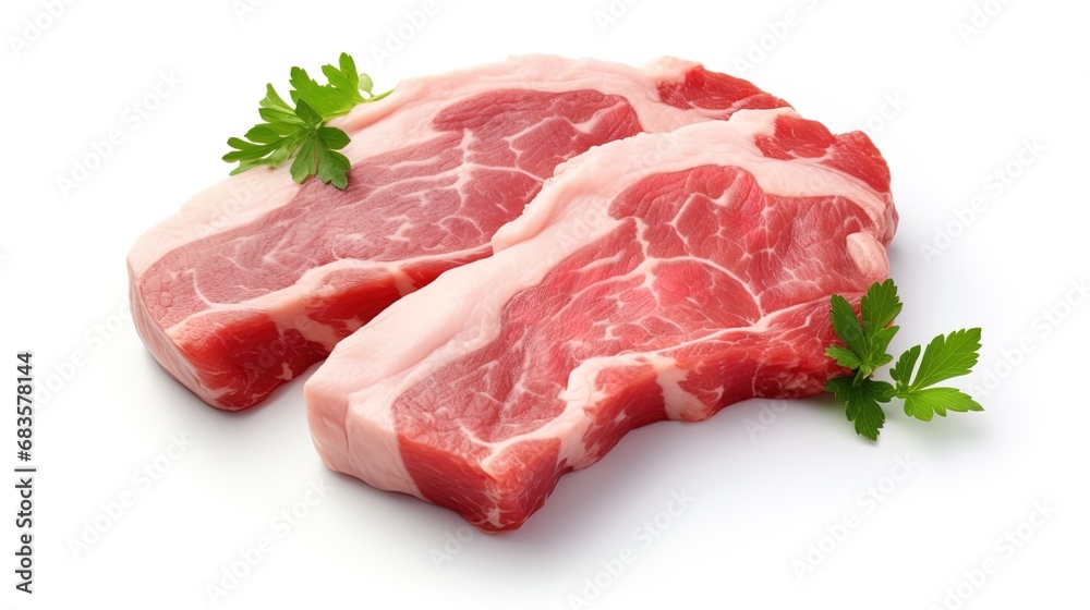 Genuine depiction of pork meat photographed on a simple white background Genuine depiction of pork meat photographed on a simple white background
