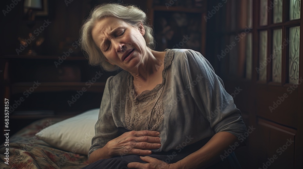 Grandmother clutching her stomach in pain