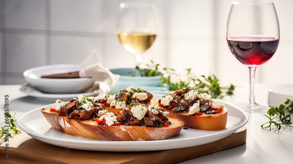 Savory bruschetta with ricotta and mushrooms displayed on a white counter, served alongside a glass
