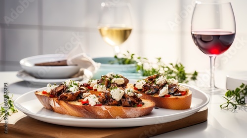 Savory bruschetta with ricotta and mushrooms displayed on a white counter  served alongside a glass