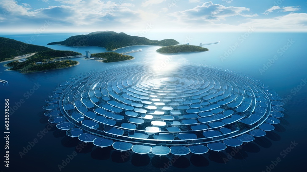 A top view reveals a floating solar park, harnessing energy from the water's surface - obrazy, fototapety, plakaty 