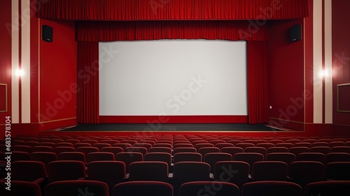 A deserted red cinema with a white blank screen and an absence of spectators