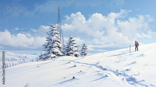 A wintry scene with a radio mast, featuring a man climbing amidst the snow