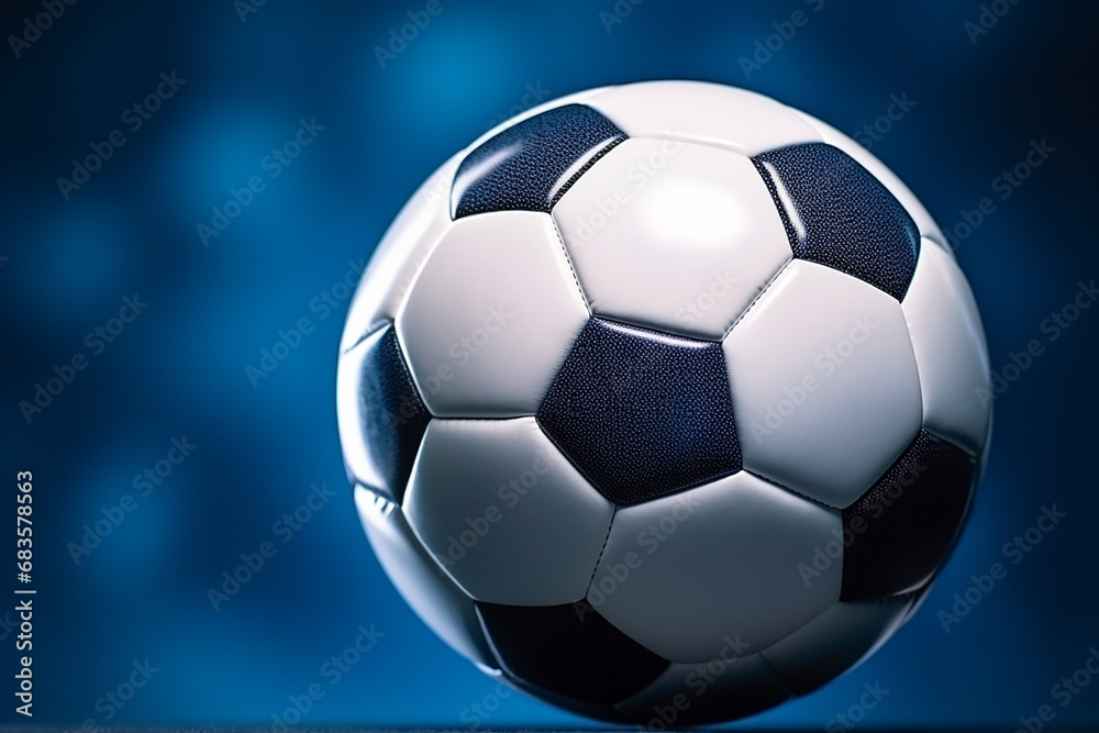 Naklejka premium Striking Soccer Ball in Goal on Vibrant Blue Background - Created with Generative AI Tools