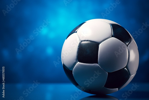 Striking Soccer Ball in Goal on Vibrant Blue Background - Created with Generative AI Tools
