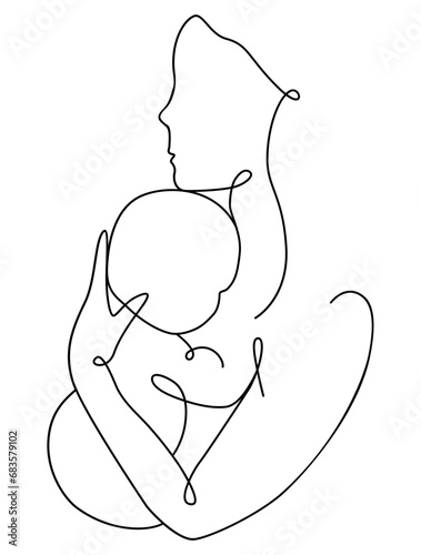 Vector illustration (sketch), one-line silhouette, without background (picture) - a mother with a child in her arms. The emotion of motherhood and love for a child