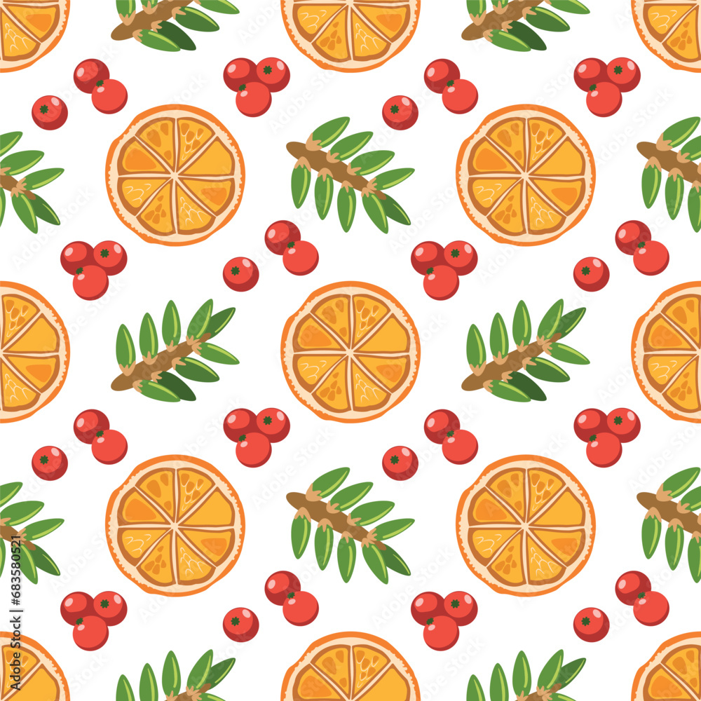 Seamless natural pattern. Christmas background with orange circles, fir branches, berries. Vector illustration.
